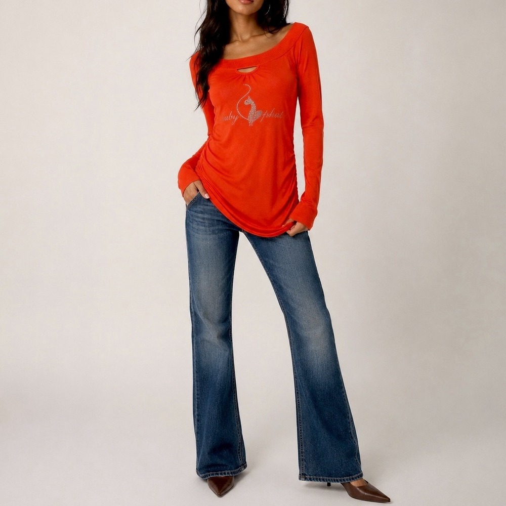 Vintage Baby Phat long sleeve tunic going out top rhinestones logo womens XL